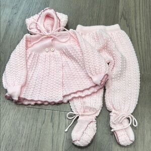 Vintage 90s Light Pink Knitted Baby Outfit Matching Set - size 9M